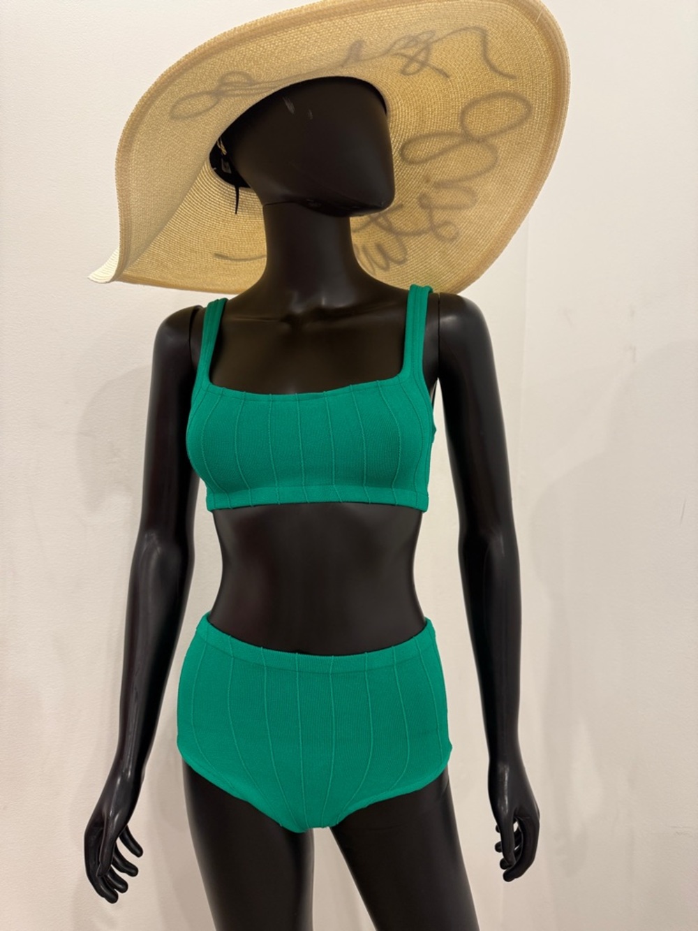 Hunza G Green Crinkle Bikini Set One Size Iconic Stretch Fit High waist New